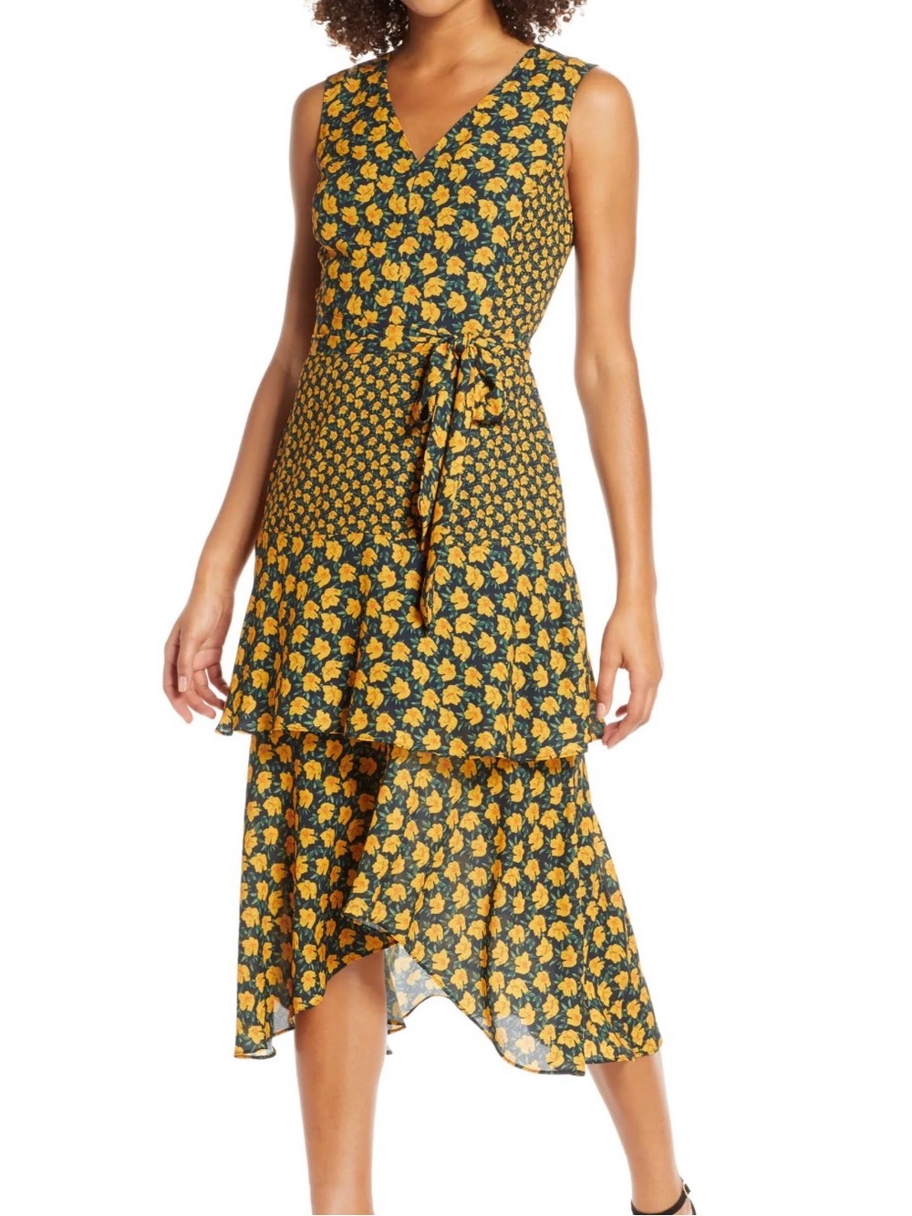 Sam Edelman Green Midi Dress with Yellow Floral Print
